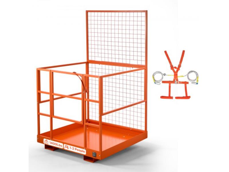 Forklift Safety Cage - 48.2 x 45.2 in. - Heavy Duty Man Basket - 1400 lbs Capacity - Collapsible Work Platform with Safety Harness & Lock - Orange