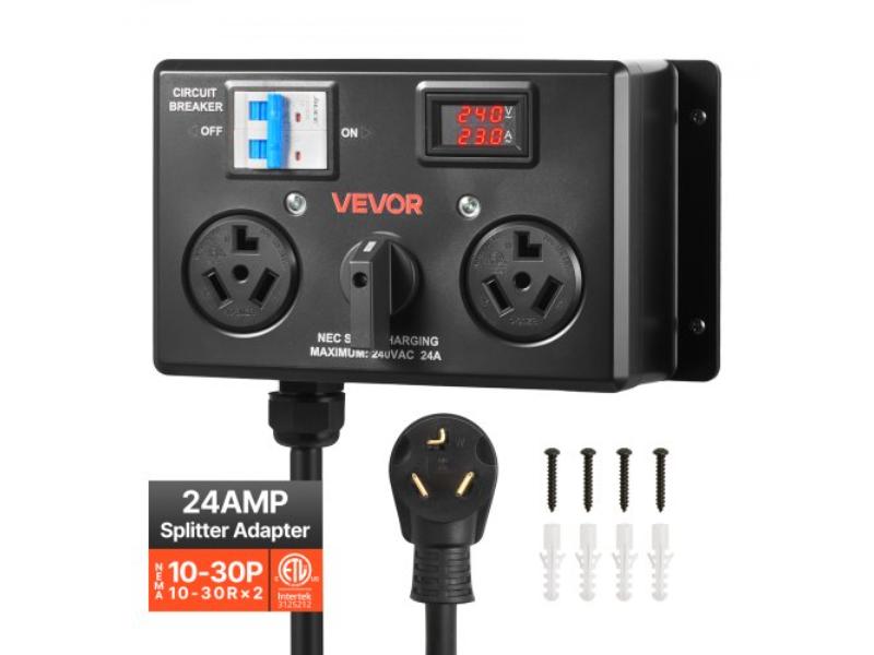 Manual EV Charging Switch - NEMA 10-30 - 24A Max 240V Power Distribution with Circuit Breaker - Real-Time Display - Hand-Operated Selector