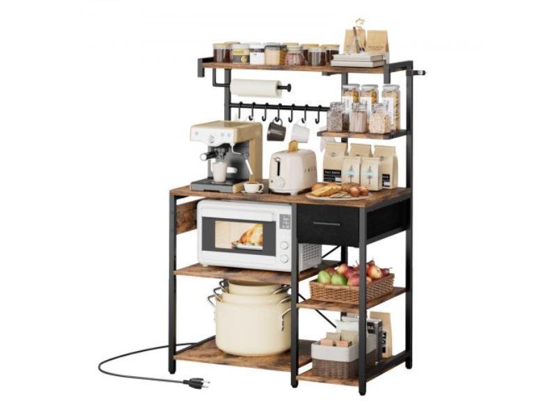 Vintage Brown Wood & Black Kitchen Bakers Rack - 4.6 ft. Power Cable with Power Outlet - X-Shaped Support Bar - 8 S-Shaped Hooks - Spice Bottle