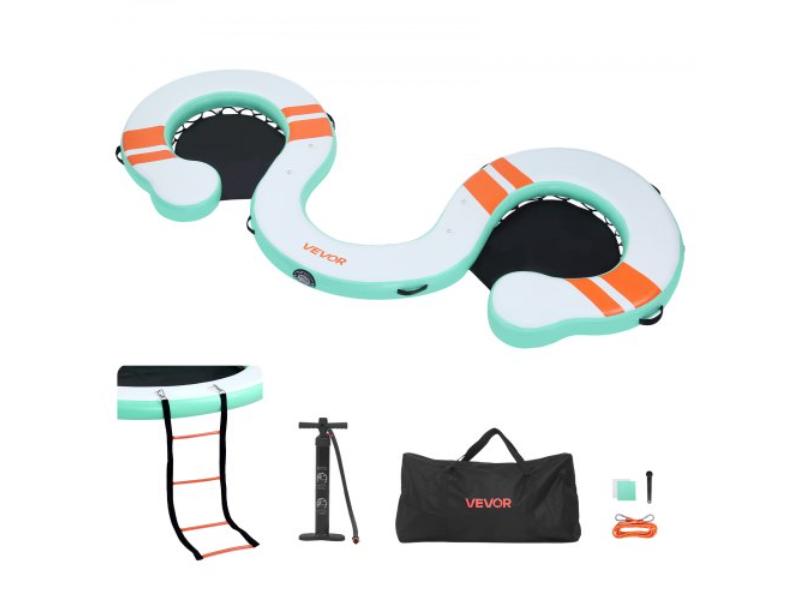 Inflatable Floating Dock - 15 x 6 ft. Platform - Non-Slip Water Mat - Carrying Bag & Detachable Ladder for Pool - White, Blue & Orange