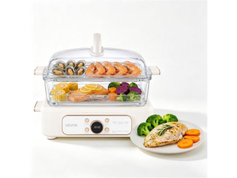 Electric Food Steamer - 6.3 qt. Glass - 2-Tier Stainless Steel Trays - 1200W - Pre-Programmed Settings for Veggies - Seafood & Rice - White
