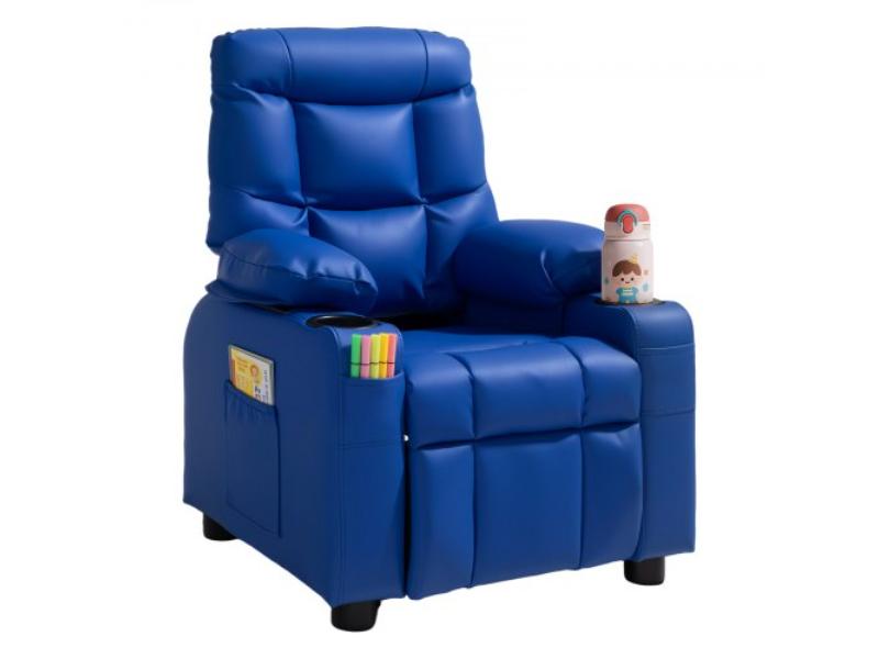 Kids Reclining Chair - Toddler Recliner with 2 Cup Holders - 4 Pockets - Adjustable Back - Easy-to-Clean PU Leather with Footrest - Blue