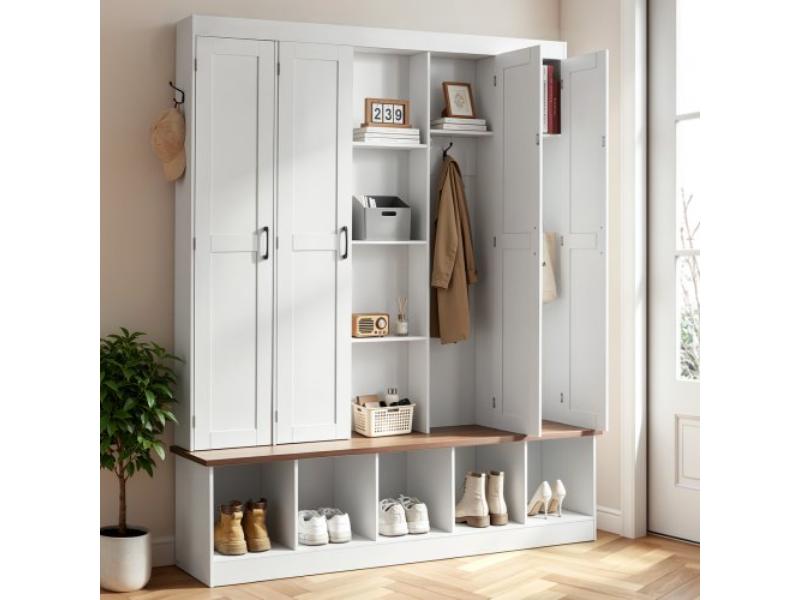 Hall Tree with Bench & Shoe Storage - 63 in. Wide - 4-in-1 Entryway Hall Tree with Bench - Hanging Hooks - Storage Cabinet & Shoe Cabinet - White