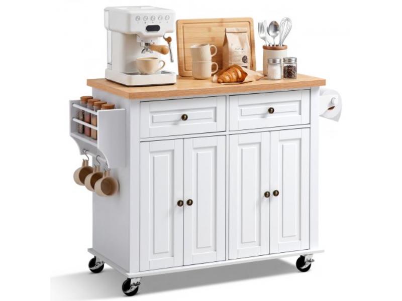 Kitchen Island Cart - 43.7 in. Wide Mobile Rolling Storage on Swivel Wheels with 2 Drawers - Cabinet - Spice-Towel Rack - Hooks - White