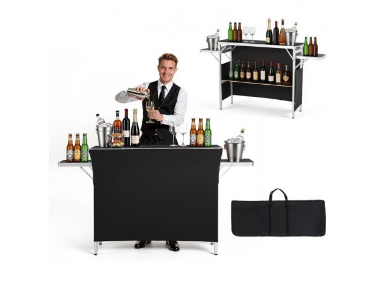43.3 x 15.4 x 34.6 in. Folding Portable Bar Table with Carry Bag - Storage Shelf & Detachable Skirt - Mobile Bartending Station for Events & Party
