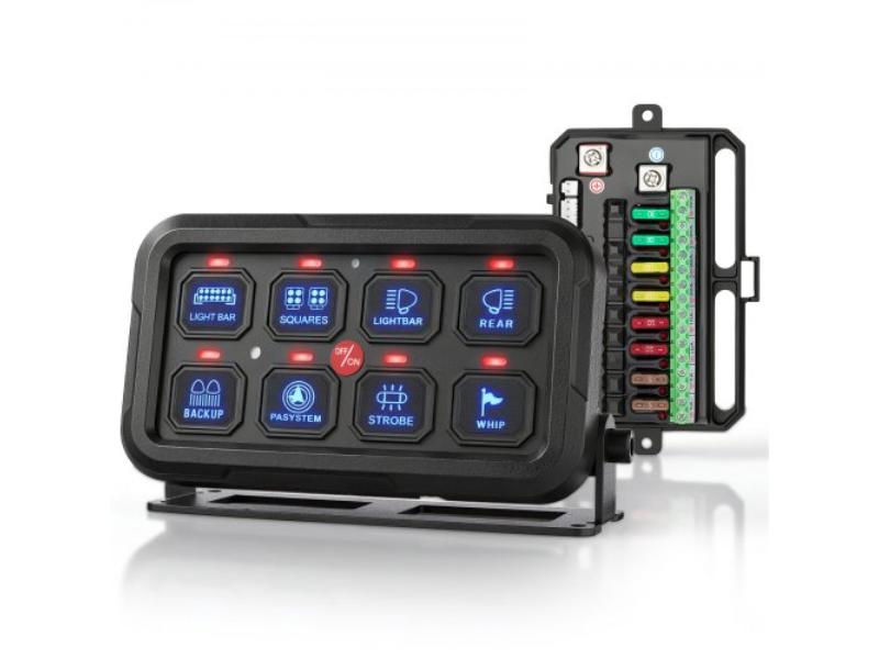 WSKGMBKGMBDLHTLGO001V9 8 Gang Switch Panel Circuit Control Box - Auto-Dimmable for 12-24V Car Truck Boat ATV UTV SUV - 1440W 60A - Waterproof - RGB
