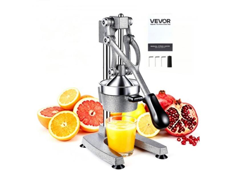 Manual Citrus Juicer - 15 in. Tall Hand Press Orange Juicer - Heavy-Duty Cast Iron - Easy to Clean - Home & Commercial Use - Silver Gray