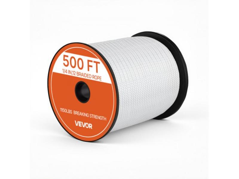 Polyester Rope - 0.25 in. x 500 ft - Solid Braid Marine Utility Rope for Outdoor Boat Docking - 1150 lbs Breaking Strength - Sun-Resistant - White