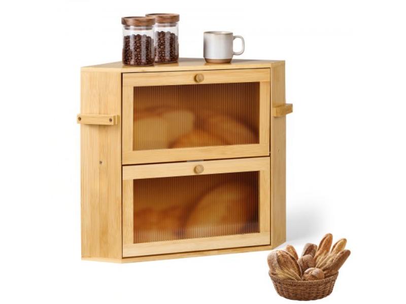 Corner Bread Box - Bamboo Wood Container for Homemade Bread - Under Cabinet & Pantry - Double Layer with Acrylic Door Panel & Air Vents