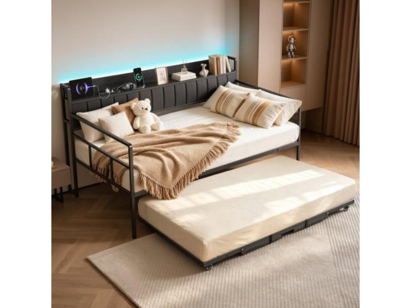 Twin Size Daybed with Pop Up Trundle Bed Frame - Charging Station - LED Light - Heavy Duty Sofa Day Bed with Storage Headboard - Black