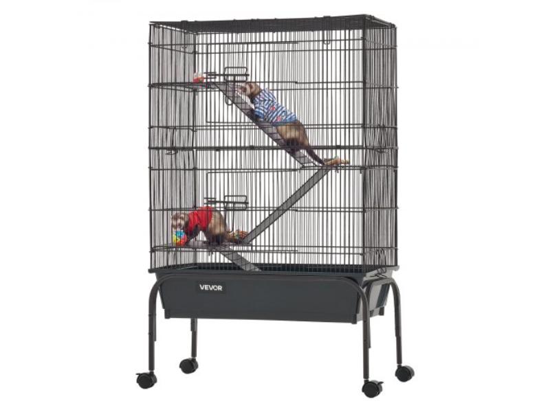 Small Animal Cage - 39.8 in. 3-Tier Rolling Ferret Cage - 0.55 in. Wire Spacing - Hammock, Ramps, Tray & Doors - Brown & Black