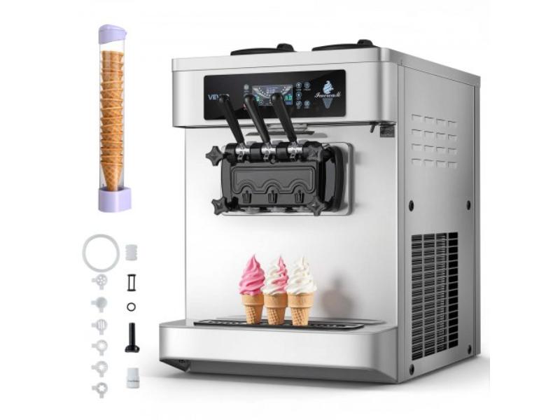 Commercial Ice Cream Machine - 20-28 LH Yield 2200W 3-Flavor Countertop Soft Serve Maker with 2 x 6L Hoppers & Built-In Puffing Pump