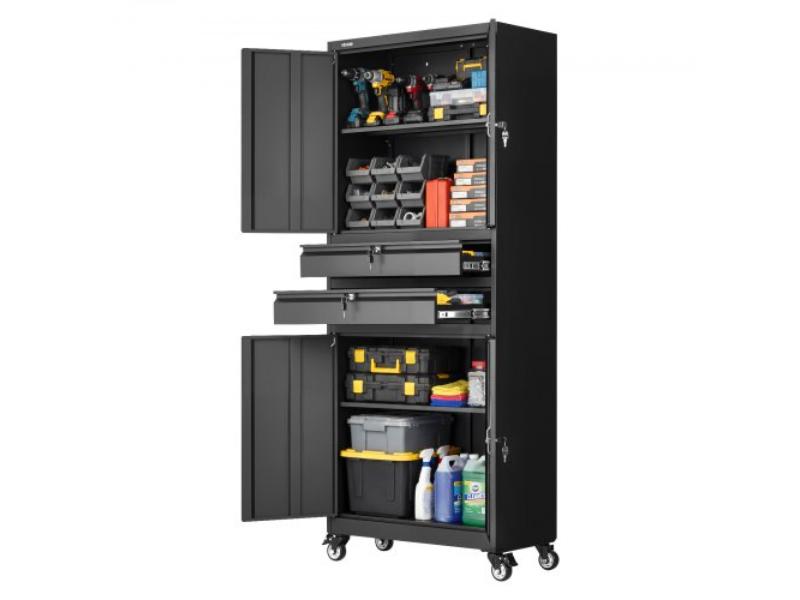 Metal Storage Cabinet - 75 in. Tall Rolling Garage Tool Cabinet - 180 lbs Shelf Capacity - 4 Locking Doors & 2 Drawers for Garage, Office & Home