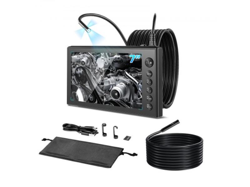 Triple Lens Endoscope - Industrial Borescope - 7 in. HD IPS Split Screen - 8X Zoom - 16.4 ft. & 9.8 ft. Cables for Auto & Plumbing