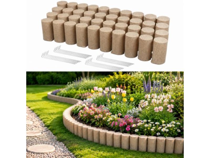 Faux Wood Landscape Edging Kit - 13.7 ft. No Dig Garden Edging Border for Lawn - Flower Beds - Pathways & Yards - Beige - Pack of 4