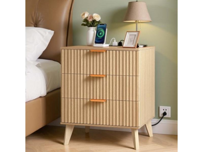 Fluted Nightstand with Charging Station - 3 Drawers - Dresser for Bedroom - Mid Century Modern End Table - Bedside Storage Cabinet - Khaki
