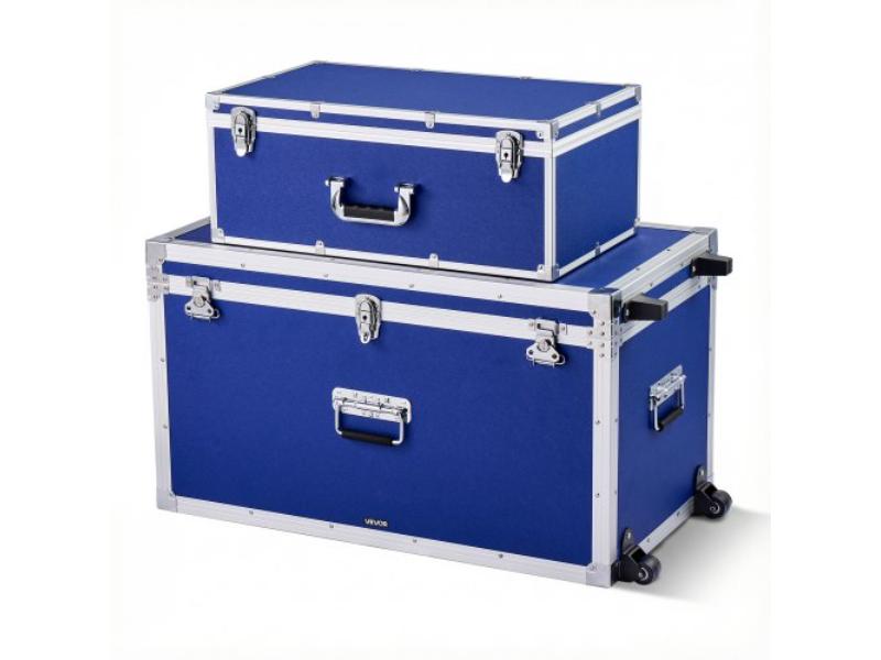 Metal Storage Trunk - Wooden Suitcase-Style Storage Boxes - Padlocks - Casters & 3 Handles for Travel, Apartment & Dorm - Blue - Pack of 2