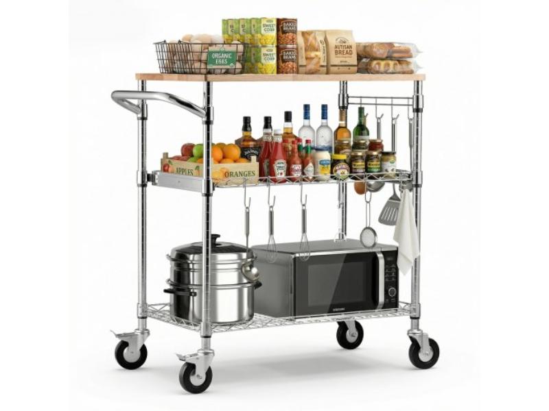Kitchen Utility Cart - 3 Tier Heavy Duty Adjustable Wire Storage Rack with Wood Tabletop & Handle Bar - Rolling Trolley - 661 lbs - 30 x 18 x 36 in.