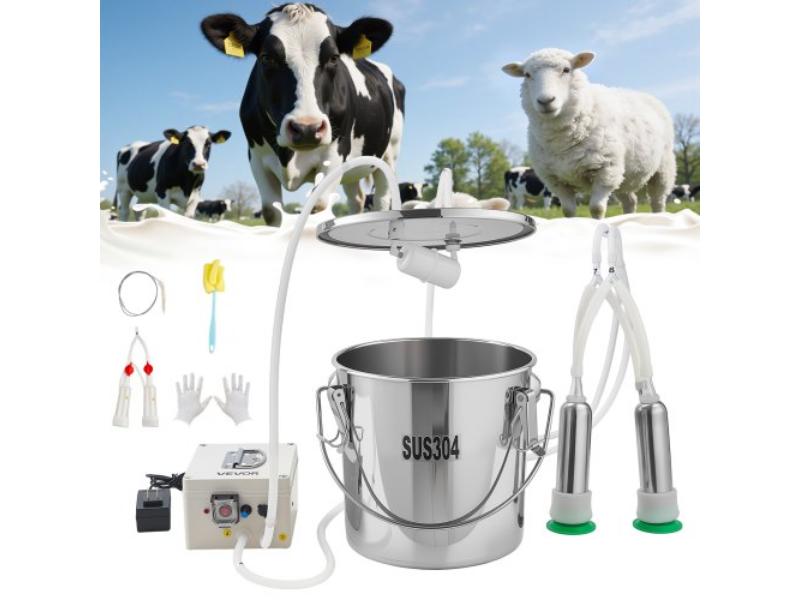 Goat Milking Machine - 3.2 gal Food-Grade Stainless Steel Bucket - 4 Teat Cups for Cows & Goats - Electric Pulsation Portable Milker