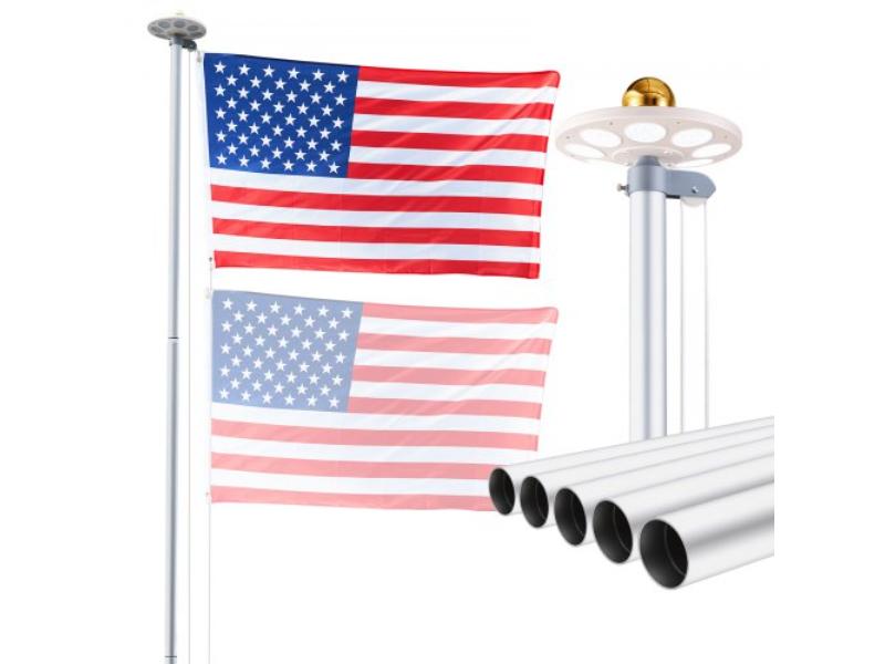25 ft. Heavy Duty Sectional Flagpole Kit with 136 LED Solar Light for Outside House - Outdoor Aluminum Flagpole with 3x5 American Flag - Silver