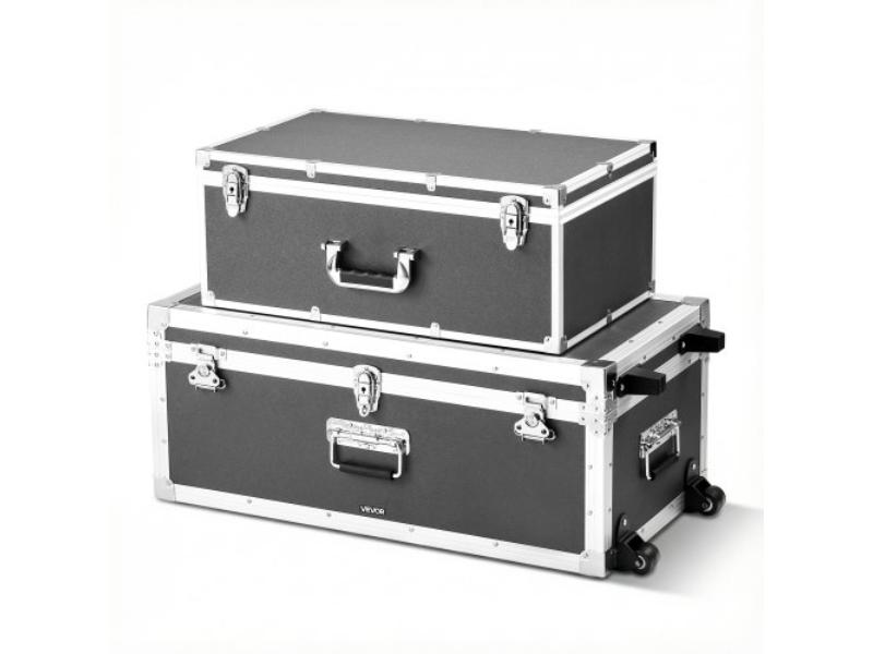 Metal Storage Trunk - Wooden Suitcase-Style Storage Boxes - Padlocks - Casters & 3 Handles for Travel, Apartment & Dorm - Gray - Pack of 2