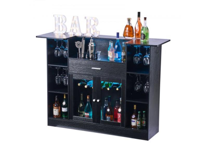 Home Bar Unit - 4-Tier Wine Bar Cabinet Table with Storage Drawer - Wine Glass Holder - Bottle Rack - LED Light - Wood & Metal for Home - Black
