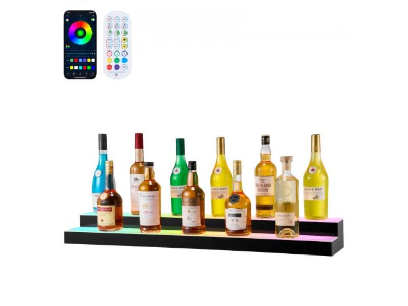LED Lighted Liquor Bottle Display - 2 Tiers 40 in. - Acrylic Illuminated Home Bar Shelf with RF Remote & App Control for 20-28 Bottles - 9 Colors