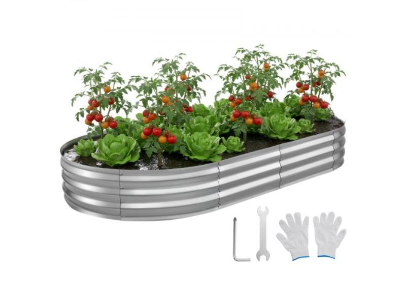 Galvanized Raised Garden Bed - 8 x 4 x 1 ft. - Oval Metal Planter Box Kit - Bottomless Elevated Garden Box with Gloves - Rustproof Alu-Zinc - Silver