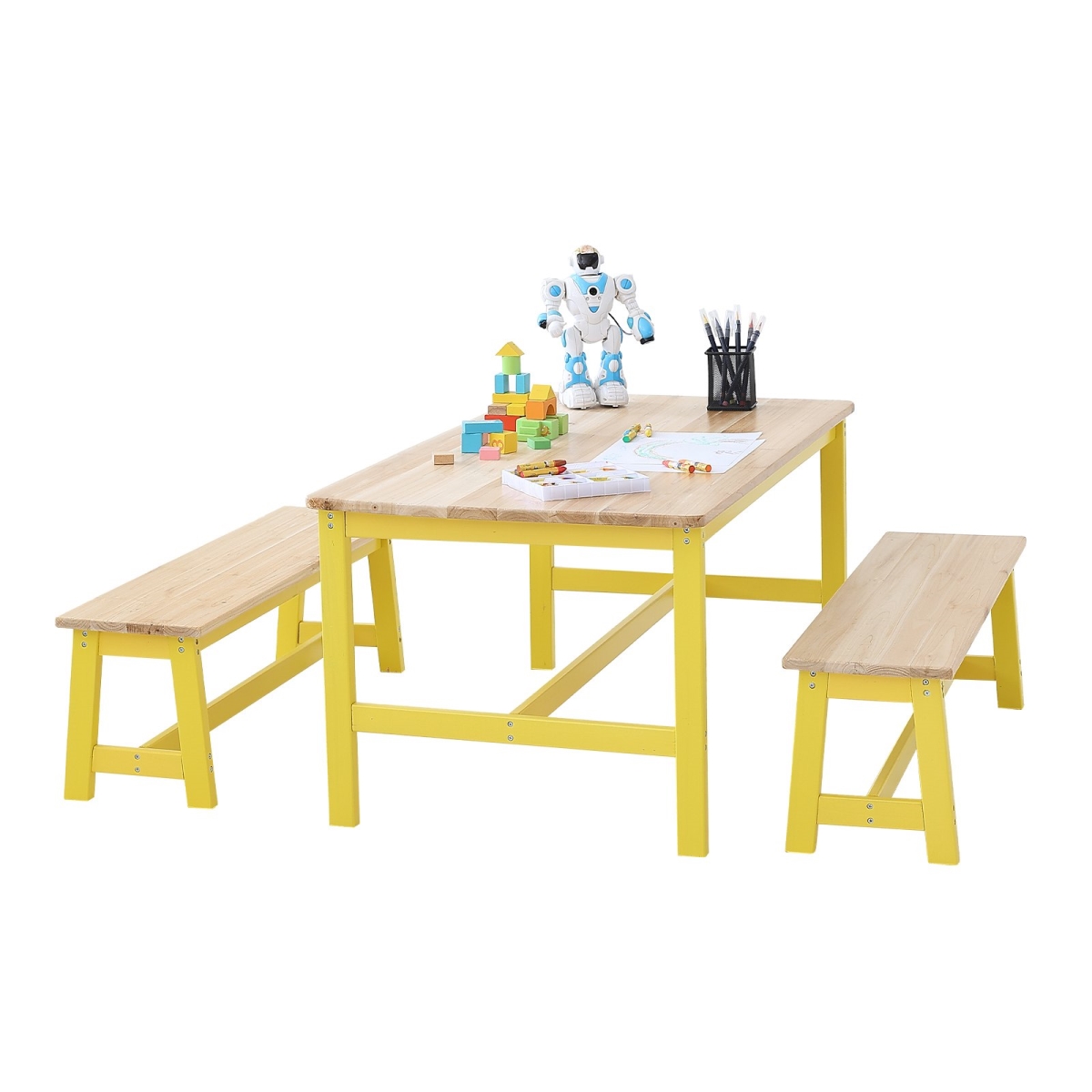Picture of Vevor PTETZYYZLZDSTV3VTV0 Kids Table & Bench Set&#44; Light Wood & Yellow - Set of 3