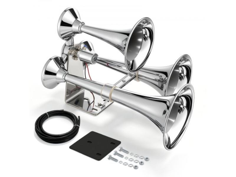 QLBSGLBSJ18INYKUL001V9 3-Trumpet Air Horn - 150dB Super Loud Train Horn for Trucks & SUVs - Fits 12V Vehicles & Boats - Heavy-Duty Metal
