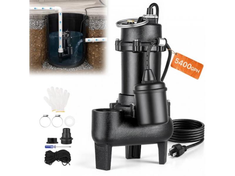 Submersible Sump Pump - 0.5HP - 5400 GPH Cast Iron Sewage Effluent Pump for Basement & Septic Tank - Automatic Tethered Float Switch - 22 ft. Lift