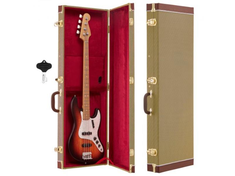 Electric Guitar Hard Case - 41.3 in. Wooden Hard-Shell Protective Case with Lock Latch for 39 in. Tele-ST Guitars - Gold Stripes & White Brown