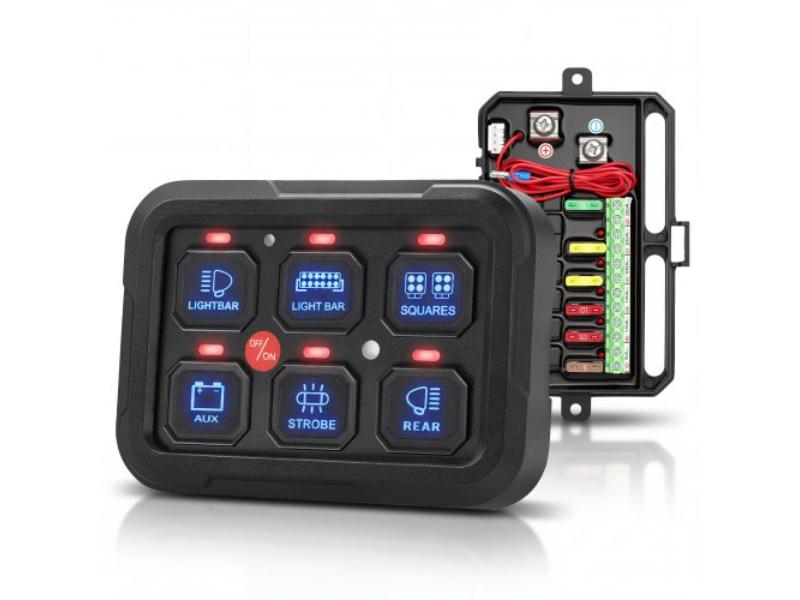 WSKGMBKGMBDL5DEXG001V9 6 Gang Switch Panel Circuit Control Box - Auto-Dimmable for 12-24V Car Truck Boat ATV UTV SUV - 1440W 60A - Waterproof - RGB