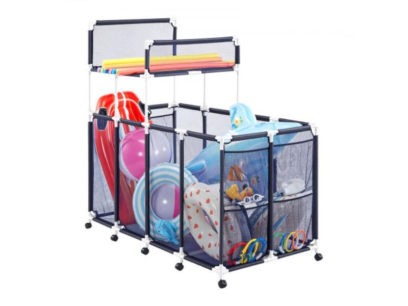 Pool Storage Bin - 64.96 x 33.46 x 64.96 in. - Rolling Organizer - Side Pockets & Noodle Holder - Durable Plastic Frame - Mesh Basket - White