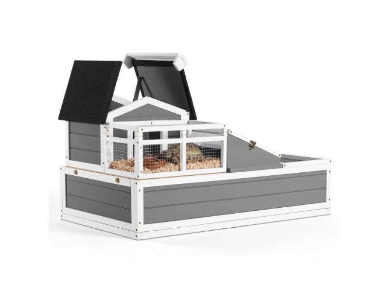 Tortoise Habitat - 4-Room Wooden House with Balcony - 2 Stories for Small Animals Indoor & Outdoor - Built-in Ramp - Openable Roof