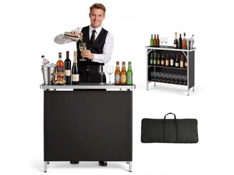 38.6 x 15.2 x 34.3 in. Folding Portable Bar Table with Carry Bag - Storage Shelf & Detachable Skirt - Mobile Bartending Station for Events & Party