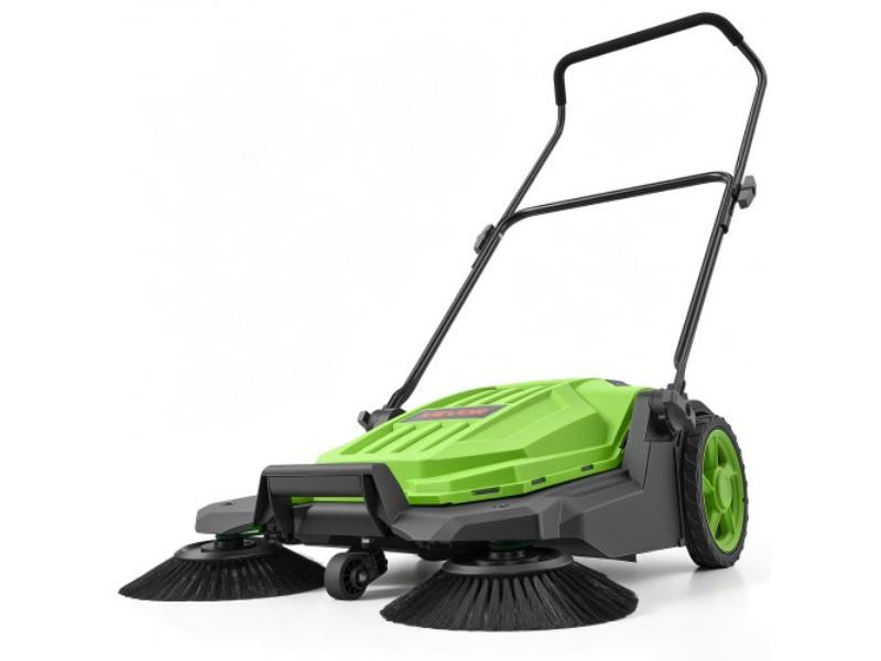 Walk-Behind Hand Push Floor Sweeper - Manual Non-Electric - 25.6 in. Sweeping Width - 5 gal Waste Container - Adjustable Handle - Green