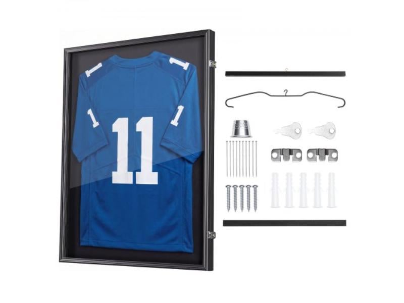 Black Jersey Frame Display Case - 35.4 x 27.6 x 1.5 in. Lockable Wooden Shadow Box with 98 Percent UV Protection for Football & Hockey Shirt - Wood