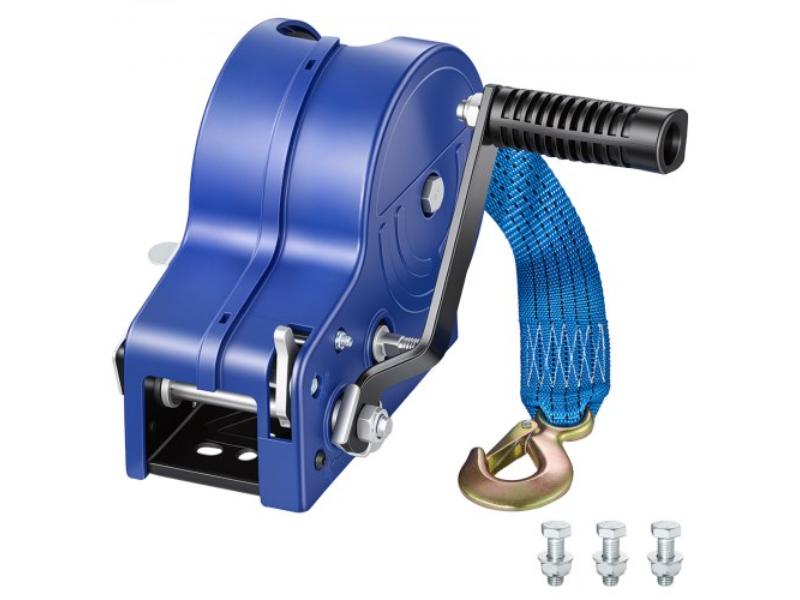 Boat Winch - 3500 lbs Capacity - Heavy-Duty Manual Rope Crank - 20 ft. Polyester Strap - Two-Way Ratchet - Anti-Slip Handle - Gray & Black