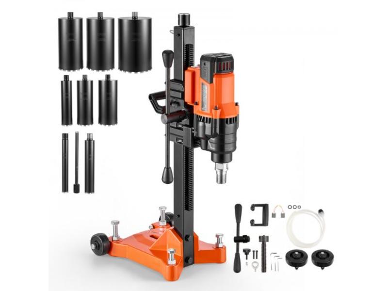 Diamond Core Drilling Machine 0.8-8 in. Diameter - Dry & Wet Concrete Core Drill Rig with 8 Bits & Stand - 3000W 800 RPM - UNC1 0.25-7 Thread