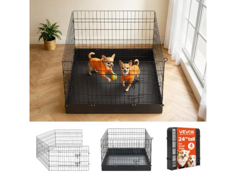 Dog Playpen - 24 in. 4 Panels Foldable Exercise Pen with Bottom Pad - Indoor Metal Pet Fence with Door for Dogs - Cats & Small Animals, Black