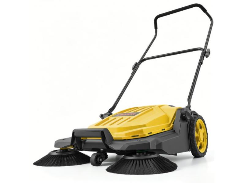 Walk-Behind Hand Push Floor Sweeper - Manual Non-Electric - 25.6 in. Sweeping Width - 5 gal Waste Container - Adjustable Handle - Yellow