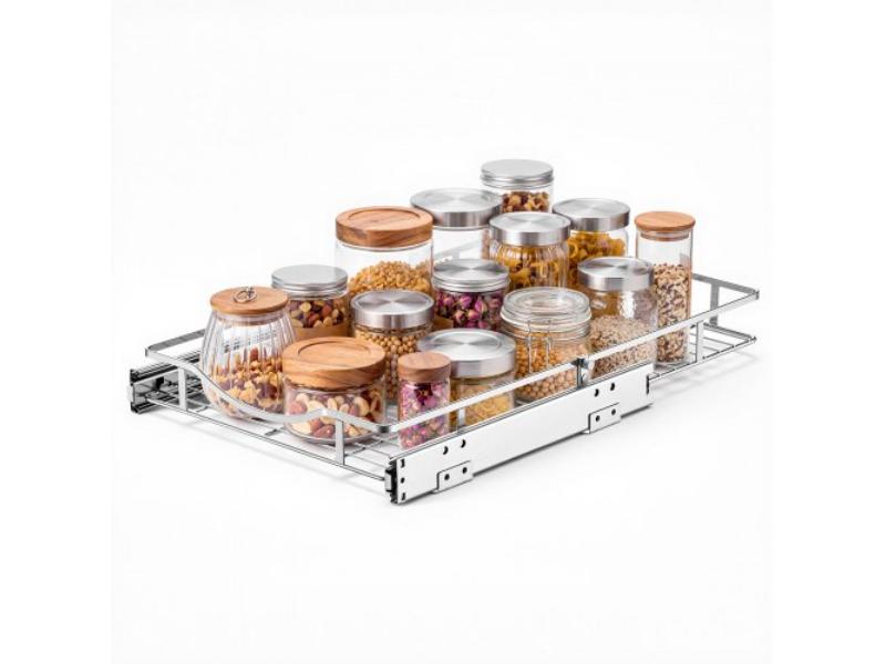 Pull Out Cabinet Organizer - 14.06 x 20.94 in. Steel Slide Out Drawers for Kitchen - Bathroom - Pantry & Home Organization, Silver Chrome-Plated