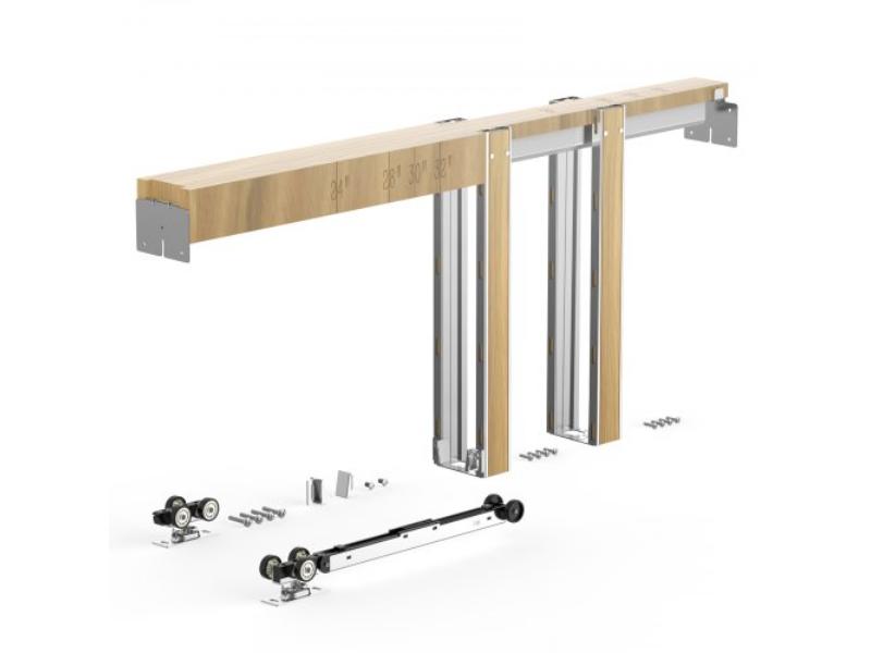 Pocket Door Frame Kit - 36 x 84 in. - Steel-Wrapped Studs - Two-Way Soft Close - Smooth Quiet Sliding - Adjustable Width - Brown & Silver