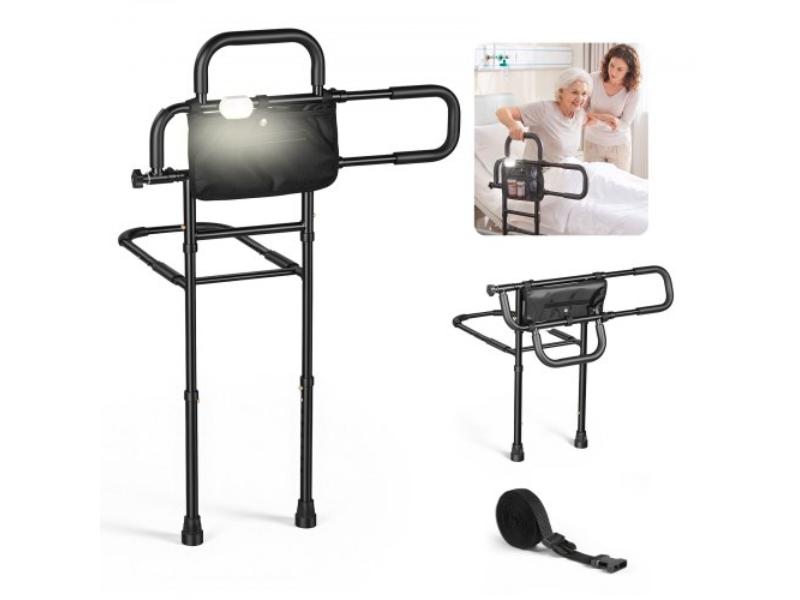 Bed Rail for Elderly - Folding Assist Rail - Floor Support - Motion Sensor LED Light - Dual Handles - 300 lbs Capacity - Adjustable Length