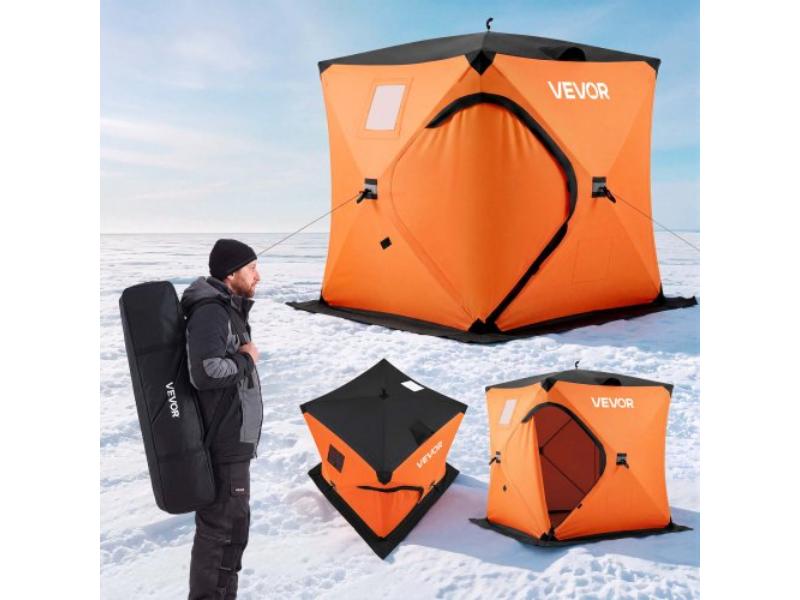 60 x 60 x 69 in. Pop-Up Ice Fishing Tent with 1-2 Person - 25 sq ft. Area - 600D 4-Layer Fabric - Hub-Style Shanty with Anchors - Orange & Black