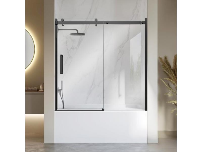 Bathtub Shower Door - 60 x 60 in. Semi-Frameless Sliding Door - 0.31 in. Thick Clear Tempered Glass for Bathroom Tubs - Elegant Black