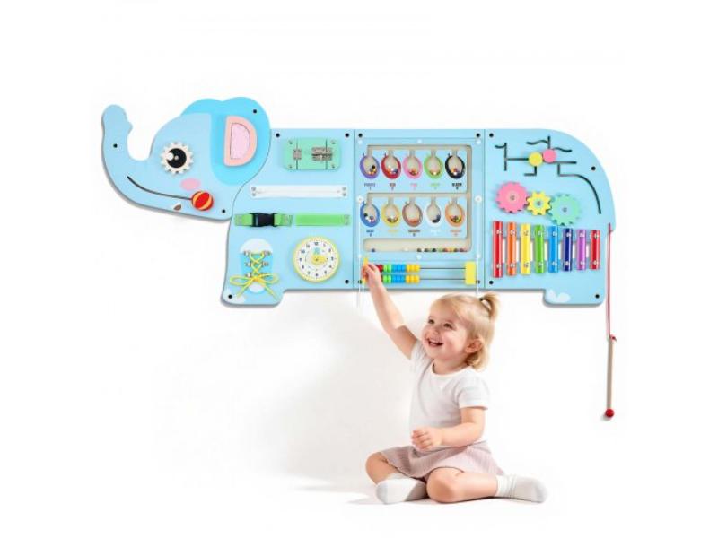 Wall Busy Board - 14-in-1 Elephant Montessori Sensory Activity Panels - Learning Center for Daycare - Classroom - Playroom & Home - Wooden Toy