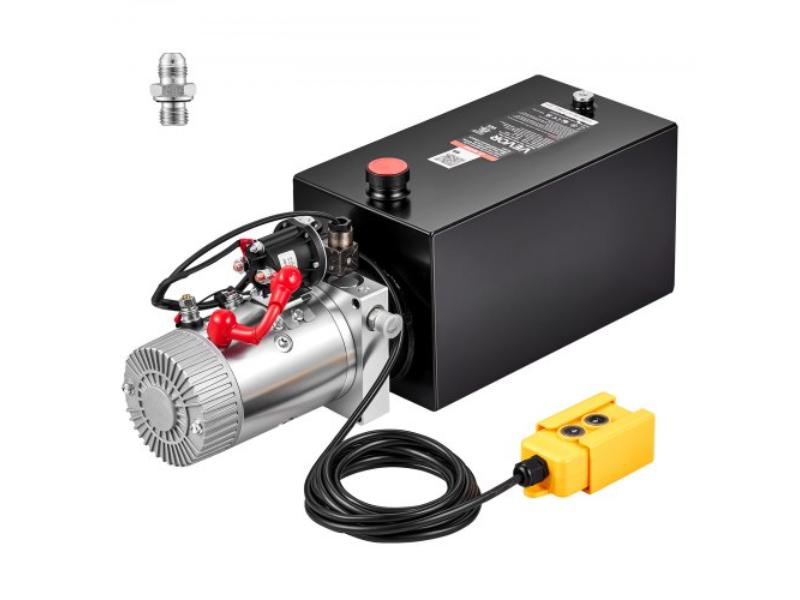 Hydraulic Pump - 10 qt. Single Acting Dump Trailer Pump - 3200 PSI Max Relief Pressure - 0.91 GPM Flow Rate - DC12V 1.6KW Power Unit