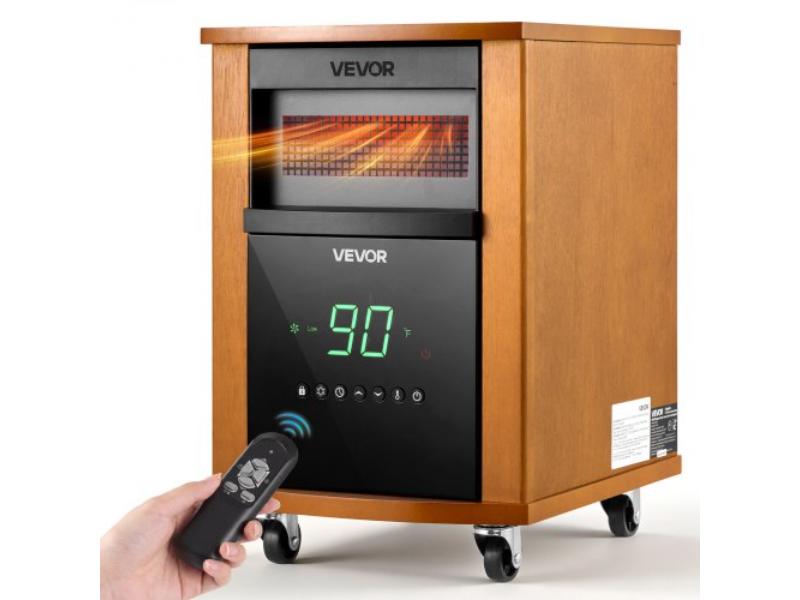 Infrared Heater - 1500W Electric Space Heater with Remote Control - 3 Heat Settings - 12H Timer - Overheat Shutoff - Portable Wheels - Light Wood